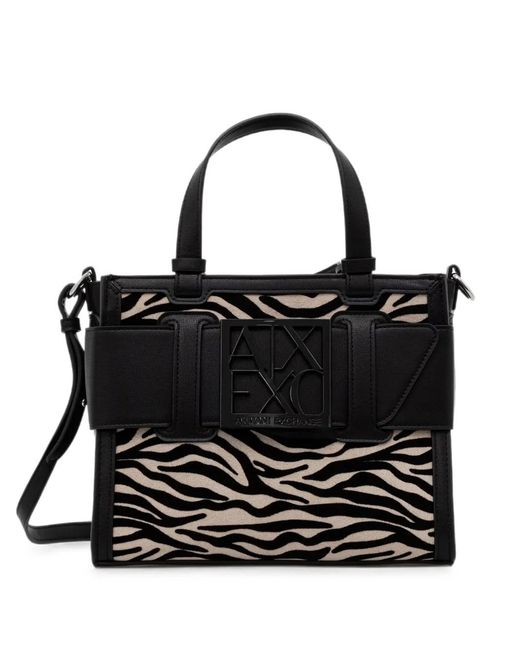 ARMANI EXCHANGE Black Animal-Print Logo-Plaque Tote Bag