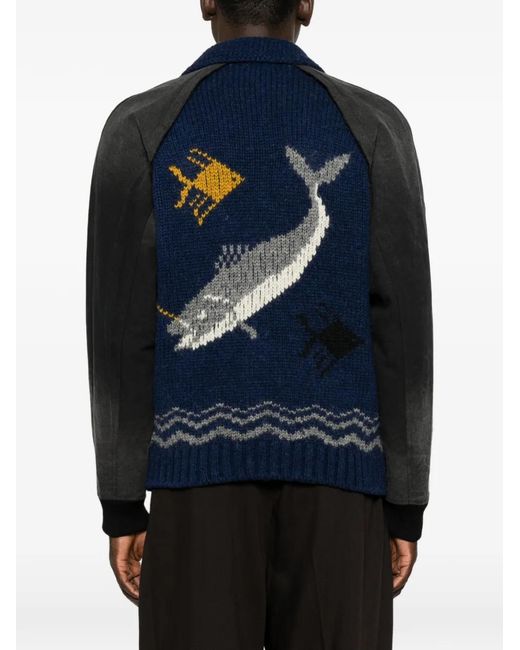 KHOKI Blue Intarsia-Knit Panelled Cardigan for men