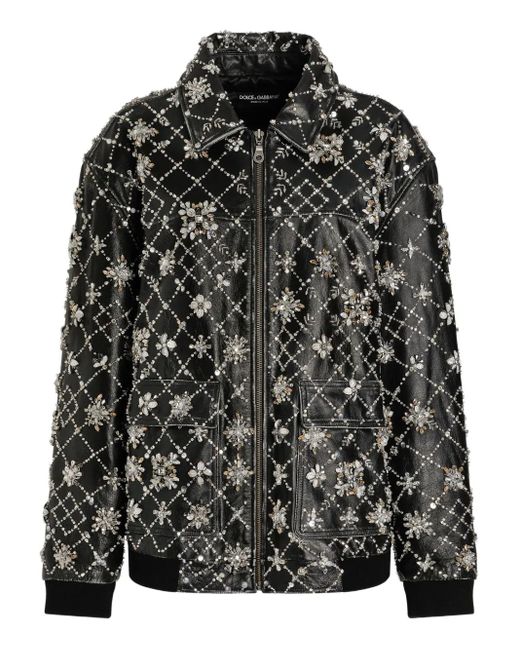Dolce & Gabbana Black Embellished Quilted Leather Coat