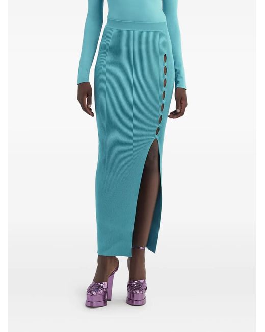 Roberto Cavalli Blue Ribbed Side-Split Long Skirt