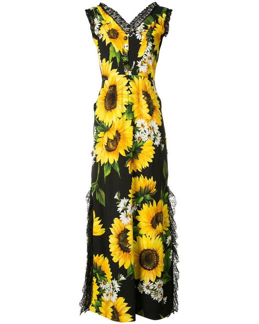 Dolce & Gabbana Black Sunflower Print Long Dress