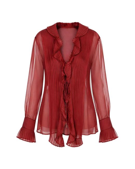 Alberta Ferretti Red Ruffled Pleated Silk Blouse