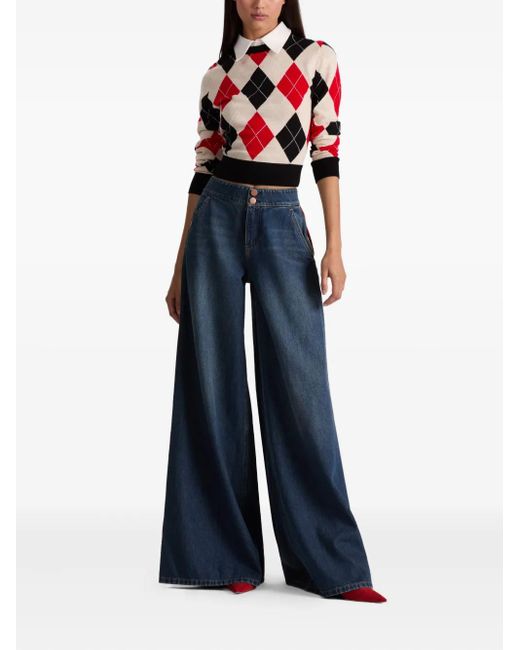 Alice + Olivia Red Argyle-Pattern Sweater