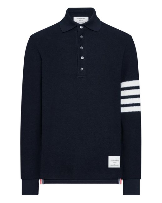 Thom Browne Blue Textured-Pique 4-Bar Long-Sleeved Polo Shirt for men