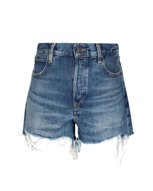 FRAME Blue The Hang Frayed-Hem Mini Shorts