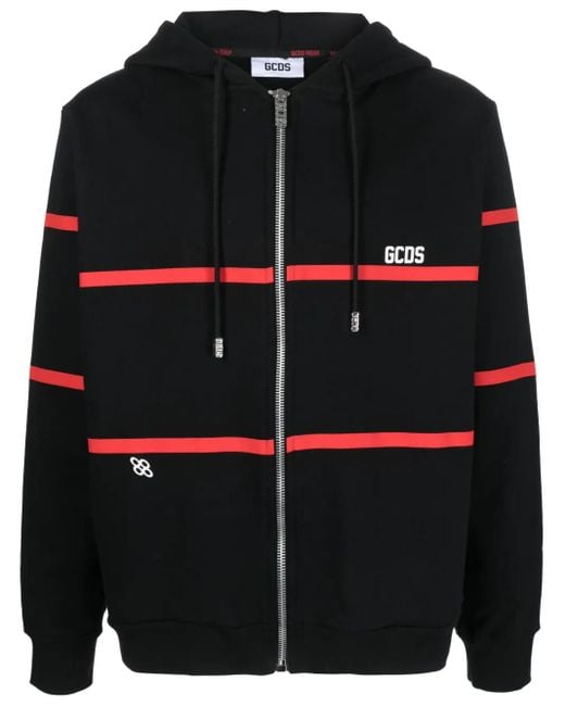 Gcds Black Stripe-Print Zip-Up Hoodie for men