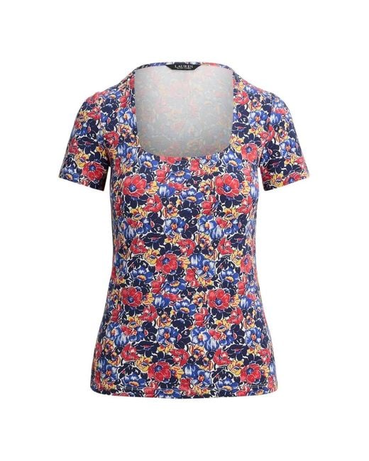 Ralph Lauren Blue Square-Neck Floral Top