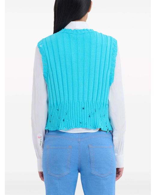 Marni Blue Logo-embroidery Distressed Knitted Vest