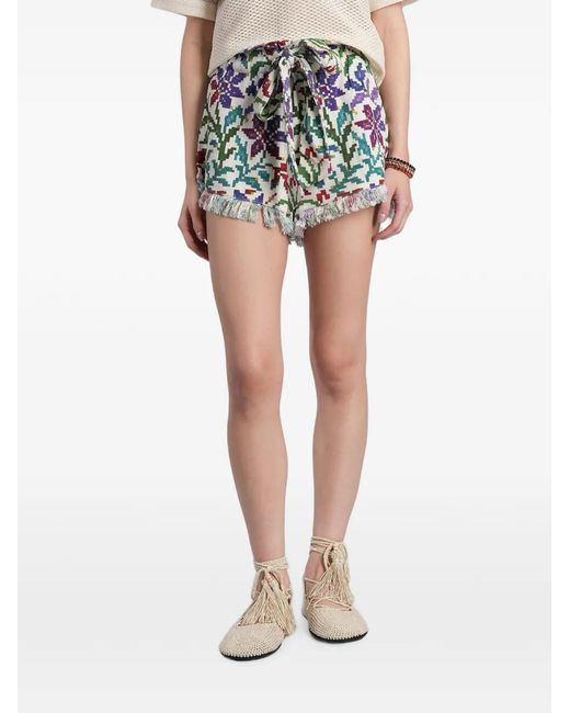 Siedres Blue Floral-Print Fringed Shorts
