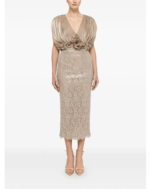 Nissa Natural Floral-Detail Lace Midi Dress