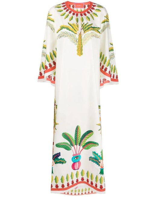 LaDoubleJ White Flying Palm Tree-Print Poplin Kaftan Dress