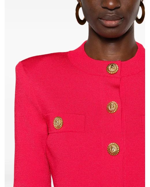 Balmain Red Buttoned Crewneck Cardigan