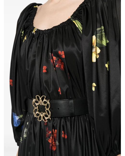 Elie Saab フローラル サテンマキシドレス Black