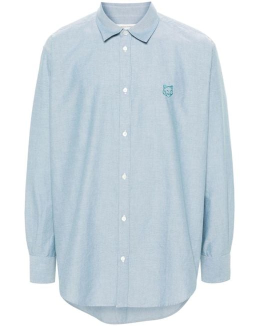 Maison Kitsuné Blue Contour Fox Head-embroidery Cotton Shirt for men