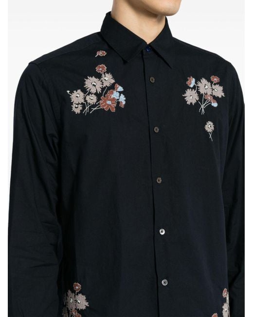 Paul Smith Blue Floral-embroidered Organic Cotton Shirt for men