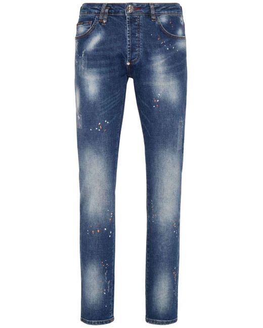 Philipp Plein Blue Paint-splatter Regular-fit Jeans for men