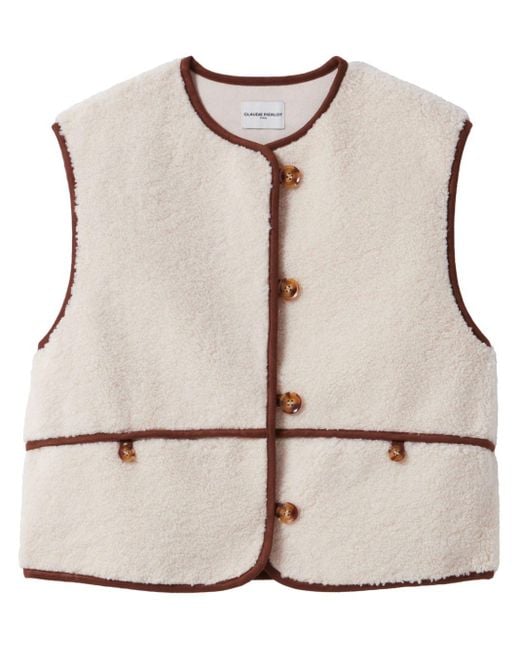 Claudie Pierlot Natural Contrast-Trim Button-Down Sleeveless Faux-Fur Jacket