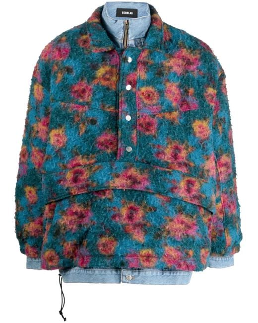 Egonlab Blue Floral-Print High-Neck Bomber Jacket for men