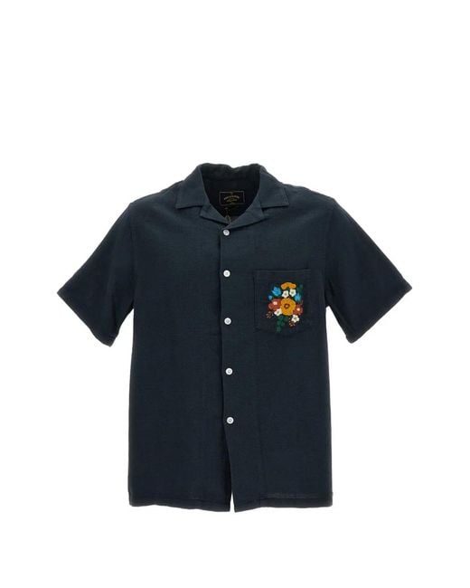 Portuguese Flannel Blue Floral-Embroidered Piqué Shirt for men