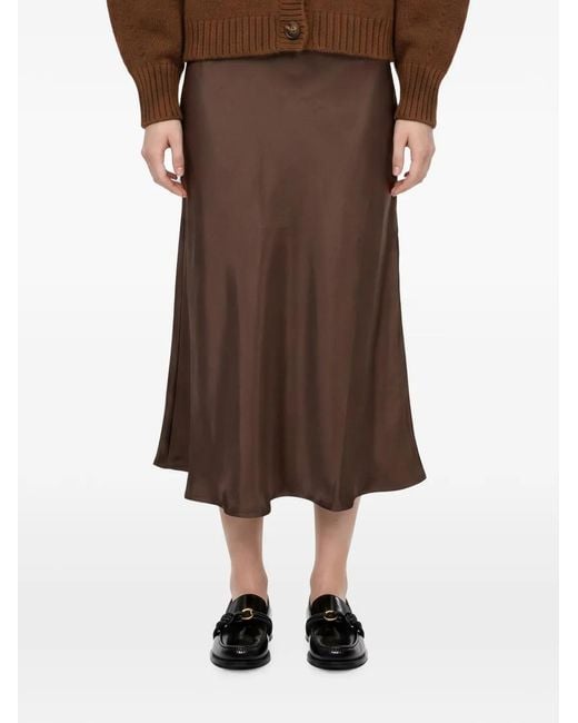 Soeur Brown Satin-Finish Elasticated-Waistband Midi Skirt