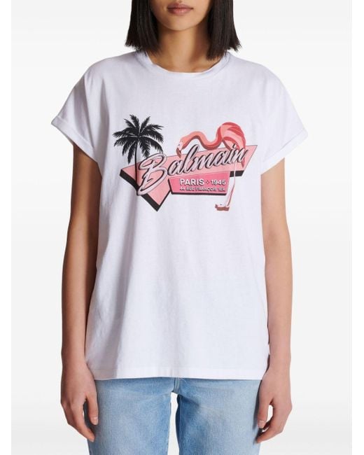 Balmain White T-Shirt mit Flamingo-Print