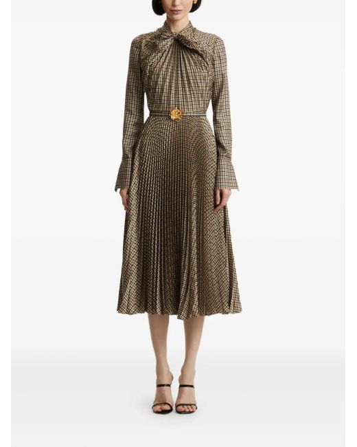 Oscar de la Renta Natural Houndstooth Pleated Midi Dress