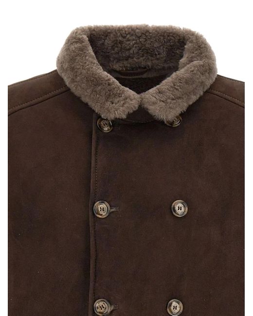 Barba Napoli Doppelreihiger Mantel mit Shearling-Kragen in Brown für Herren
