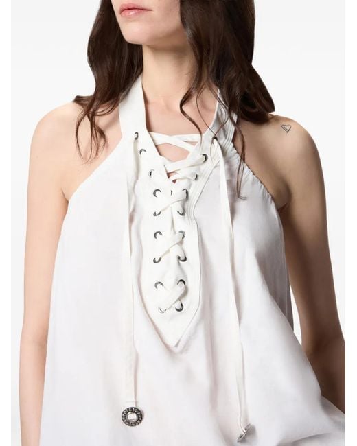 Pinko White Lace-Detail Halterneck Blouse