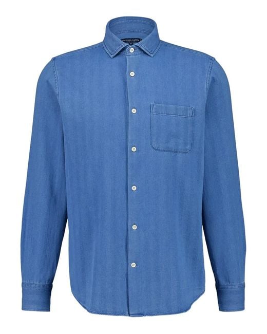 Frescobol Carioca Blue Emilio Herringbone Denim Shirt for men