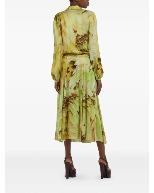 Roberto Cavalli Yellow Feather-Print Midi Dress