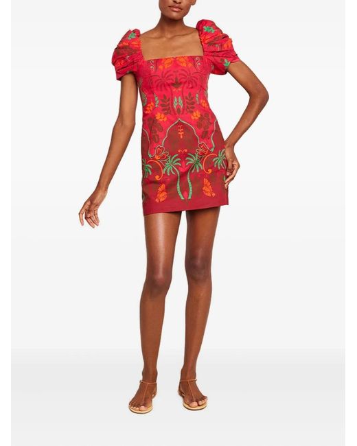 Cara Cara Red Puff-Sleeve Floral-Print Mini Dress