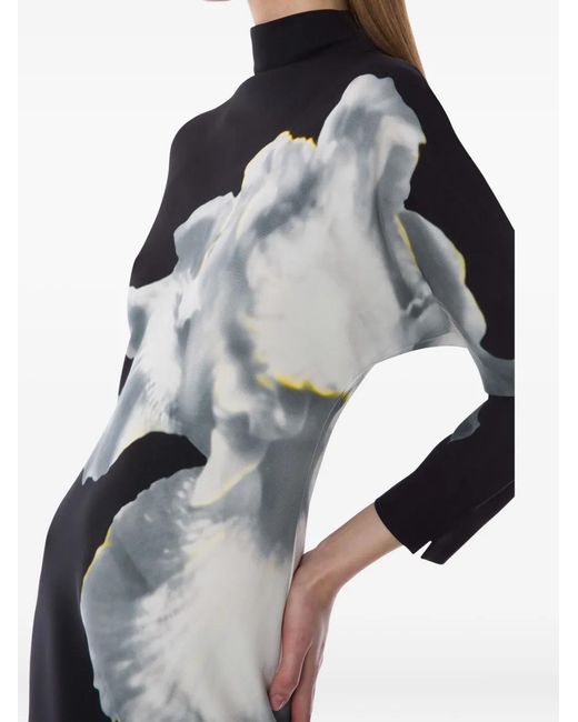 Alberta Ferretti Black Turtleneck Floral-Print Dress