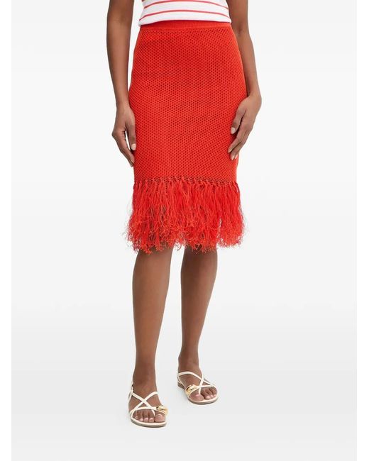 Karl Lagerfeld Red Fringed Open-Knit Midi Skirt