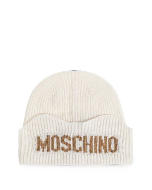 Moschino White Logo-Intarsia Ribbed-Knit Beanie Hat