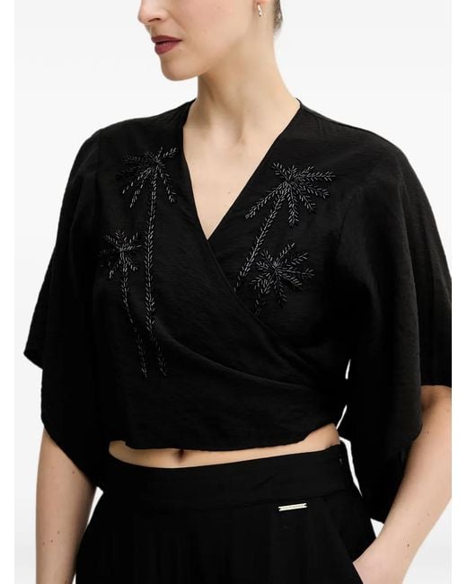 Lola Casademunt Black Beaded-Palm-Tree Wrap-Design Top