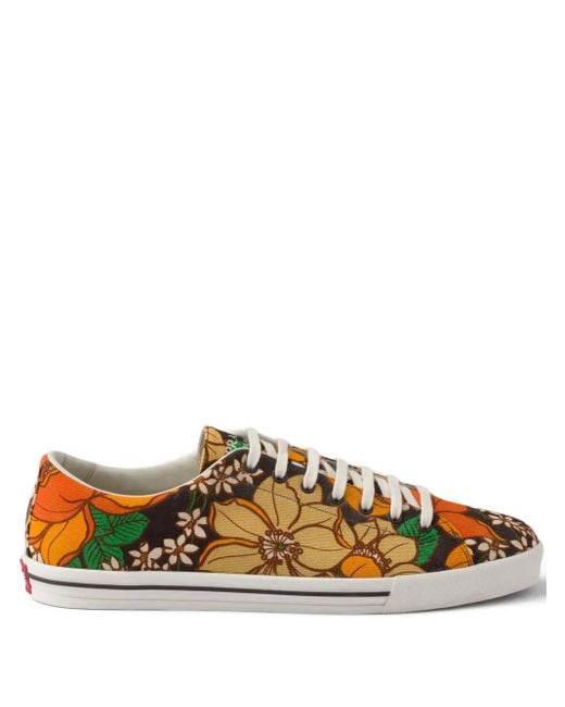 Prada Brown Floral-Print Canvas Sneakers for men