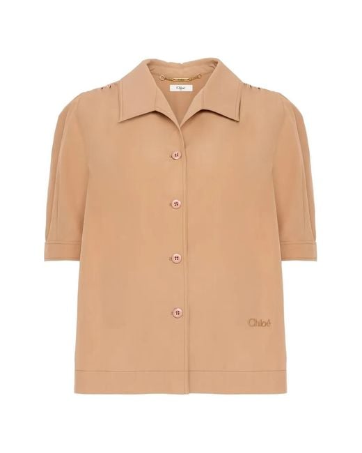 Chloé Natural Logo-Embroidered Gathered-Sleeve Shirt