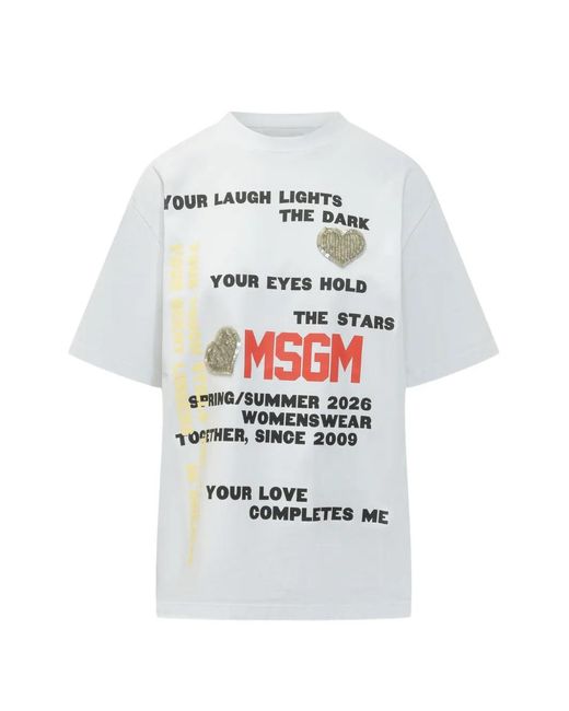 MSGM White Embellished Graphic T-Shirt