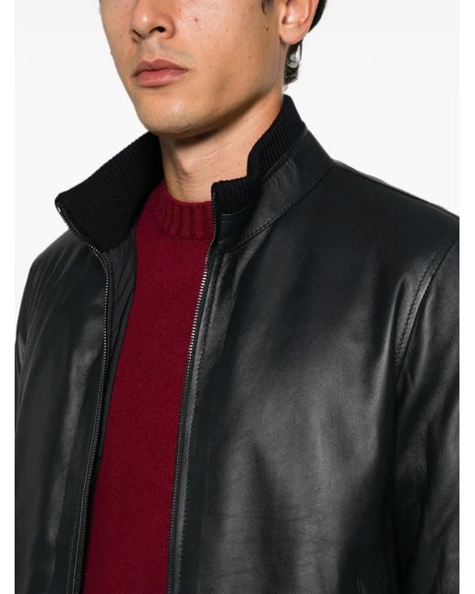 Arte' Black Ribbed-Trim Leather Jacket for men