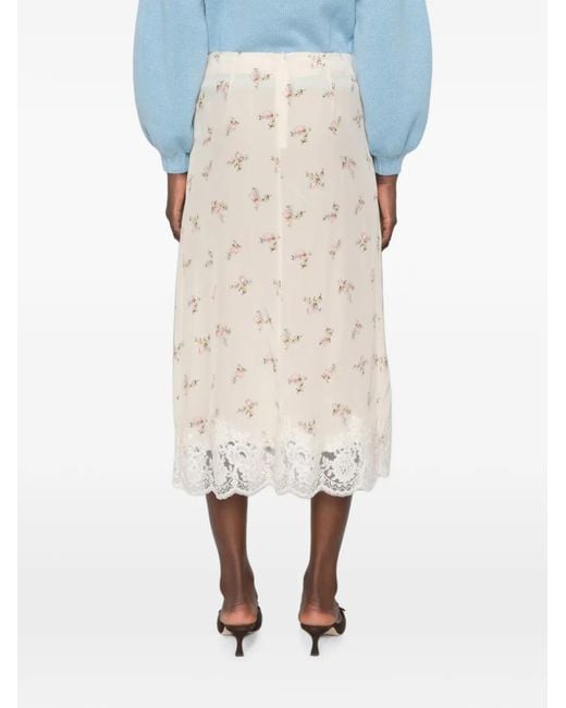 P.A.R.O.S.H. Natural Spano Floral-Print Lace-Trim Midi Skirt