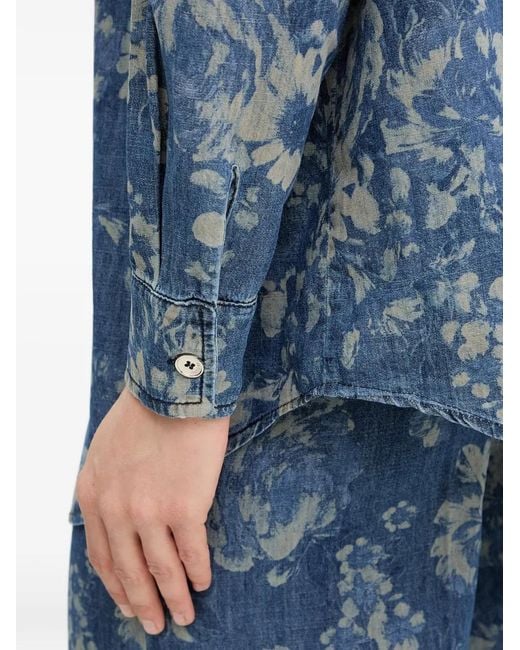 Fracomina Blue Floral-Print Denim Shirt