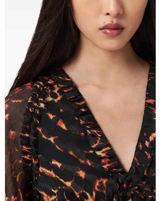AllSaints Black Ruffled Animal-Print Blouse
