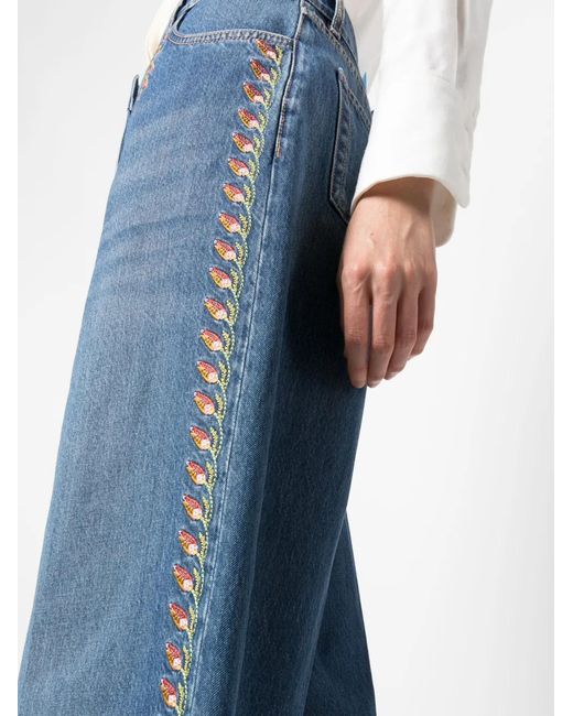 Etro Blue Floral-Embroidered Wide-Leg Denim Culottes