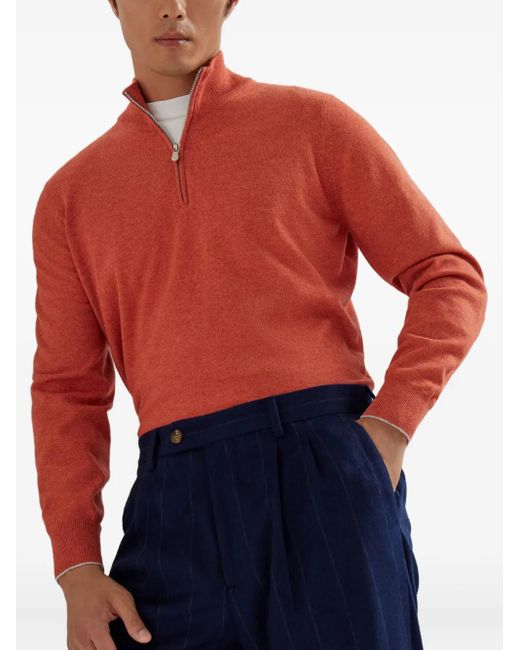 Brunello Cucinelli Red Cashmere Half-Zip Sweater for men