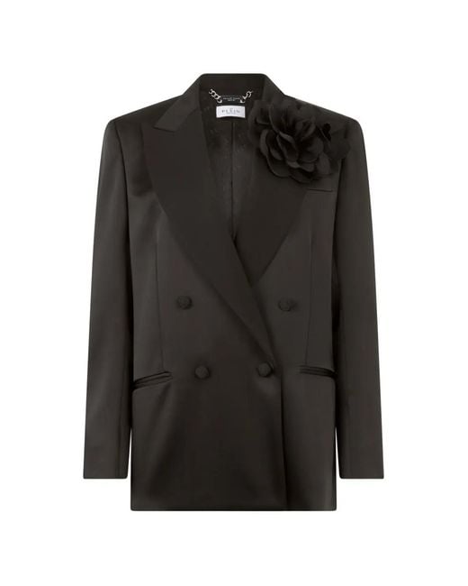 Philipp Plein Black Double-Breasted Satin Blazer Roses