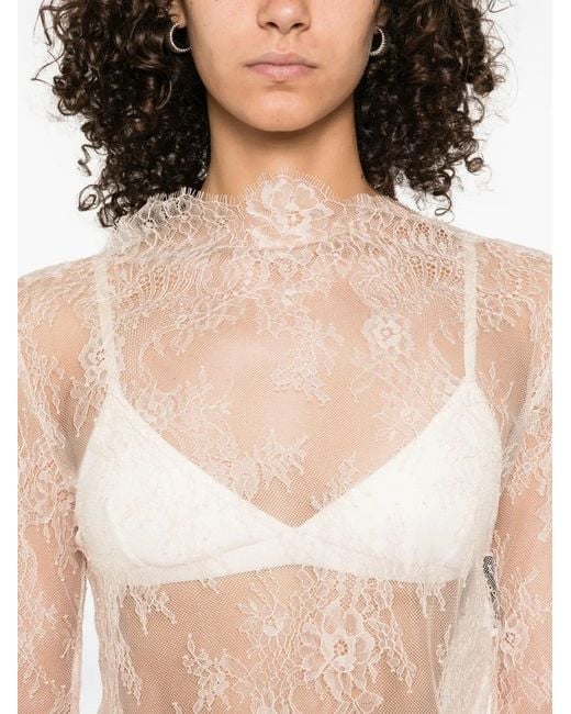 Alberta Ferretti Natural Lace-Trimmed Long-Sleeve Top