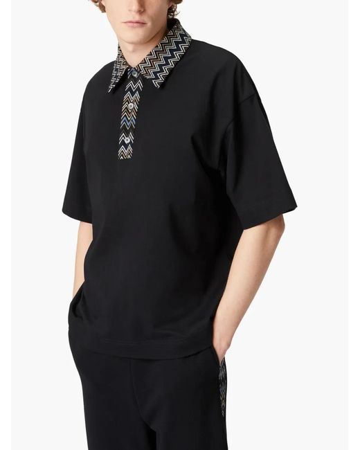 Missoni Black Chevron Knit-Insert Cotton Polo Shirt for men