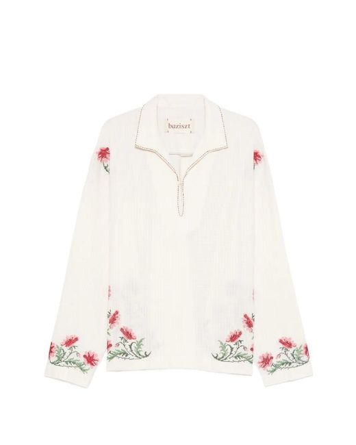 BAZISZT White Bernie Floral-Embroidered Polo Shirt for men