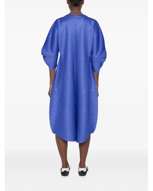 Pleats Please Issey Miyake Blue Pleated Balloon-Sleeve Dress