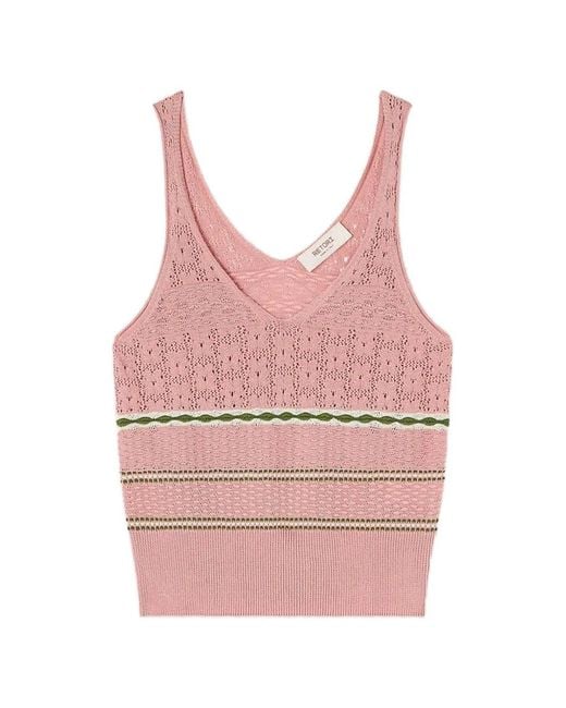 RETORI Pink Mix-Stitch Striped V-Neck Knitted Cotton Tank Top
